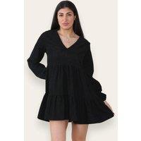 ELAINA FASHION Women's Corduroy V Neck Smock Mini Dress in Black | Size: 10