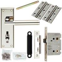 Loops Door Handle & Bathroom Lock Pack Polished & Satin Nickel Mitred Lever Backplate in Metallics