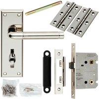Loops Door Handle & Bathroom Lock Pack Polished & Satin Nickel Round Lever Backplate in Metallics