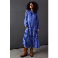 Warehouse Women's Metallic Jacquard Dobby Lace Insert Midi Smock Dress in Blue | Size: 10