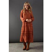Warehouse Women's Metallic Jacquard Dobby Lace Insert Midi Smock Dress in Rust | Size: 8