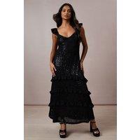 Oasis Women's Occasion Sequin Ruffle Midaxi Dress in Black | Size: 12