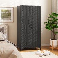 Costway PE Rattan Wardrobe 157 cm Wicker Armoire Closet w/ Hanging Rod in Black