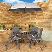Samuel Alexander Outdoor 4 Seater Round Glass Top Table & Chairs Patio Set with Parasol in Grey