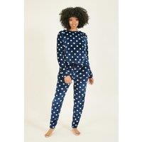 Yumi Women's Navy Spot Super Soft Fleece Pyjamas | Size: 8