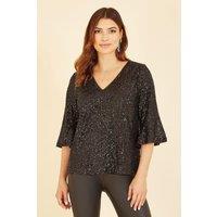 Yumi Women's Black Sequin Top With Fluted Sleeve | Size: 12