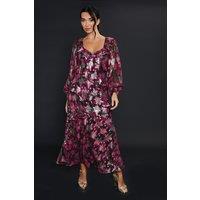 Dorothy Perkins Women's Purple Floral Ruffle Long Sleeve Chiffon Metallic Midi Dress | Size: 10