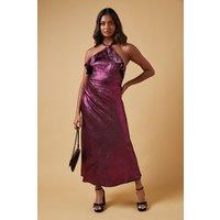 Oasis Women's Foil Halterneck Ruffle Foil Midaxi Dress in Pink | Size: 12