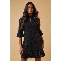 Oasis Women's Occasion Sequin Lace High Neck Keyhole Mini Dress in True Black | Size: 6