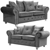 Furnishings For Less UK Zoey Grey Plush Velvet Fabric Sofa Suite 3 Seater & 2 Seater Chesterfield Design