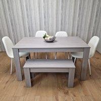 KOSY KOALA Grey Dining Table with 4 Diamond Stitched White Chairs & 1 Bench | Size: 140 cm x 80 cm