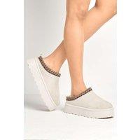 Miss Diva Women's Astri Faux Fur Lining Knit Pattern Detail Flatform Slippers in Off-White | Size: 7
