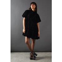 Warehouse Women's Velvet Crinkle Tie Neck Puff Sleeve Tier Hem Mini Dress in Black | Size: 8