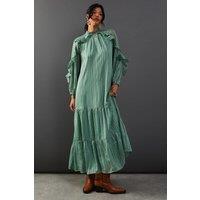 Warehouse Women's Shadow Stripe Tie Back Neck Ruffle Tier Midi Dress in Olive | Size: 8