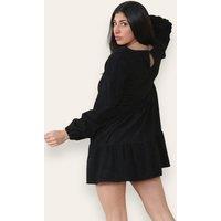ELAINA FASHION Women's Corduroy V Neck Smock Mini Dress in Black | Size: 14