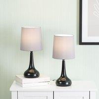ValueLights Teardrop Pair of Compact Fabric Shades Black Bedside Touch Table Lamps in Grey