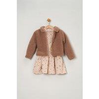 Miss Girl's Fur Jacket & Dress Outfit Set in Medium Beige | Size: 9-12 m