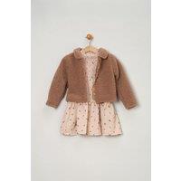 Miss Girl's Fur Jacket & Dress Outfit Set in Medium Beige | Size: 12-18 m