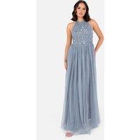 Maya Deluxe Women's Floral Embellished Halter Neck Maxi Dress in Blue | Size: 22
