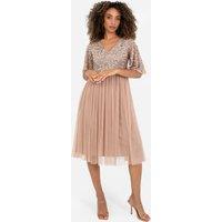 Maya Deluxe Women's Short Flutter Sleeve Embellished Midi Dress in Taupe | Size: 6