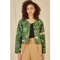 Yumi Women's Green Animal Print Reversible Cotton Cropped Quilted Jacket | Size: 10