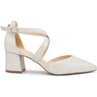 Paradox London Women's Shimmer 'Farrah' Wide Fit Mid Block Heel Cross Strap Court Shoe in Silver | Size: 7E
