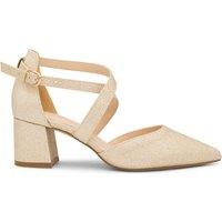 Paradox London Women's Shimmer 'Farrah' Wide Fit Mid Block Heel Cross Strap Court Shoe in Gold | Size: 8E