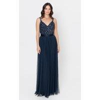 Maya Deluxe Women's Stripe Embellished Maxi Dress in Dark Navy | Size: 18