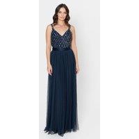 Maya Deluxe Women's Stripe Embellished Maxi Dress in Dark Navy | Size: 12