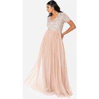 Maya Deluxe Women's Short Sleeve V Neck Embellished Maxi Dress in Taupe | Size: 6