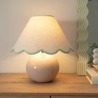 ValueLights Bosco Natural Stone Globe Ceramic Table Lamp with Linen Scalloped Shade & Bulb in Green