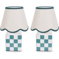 ValueLights Evie Pair Ceramic Cube Sage Green Trim Linen Scallop Shade Table Lamp & LED Bulb