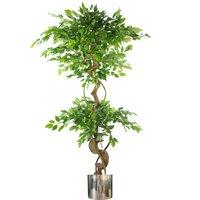Leaf Artificial 150cm Twisted Trunk Fruticosa Ficus Tree Silver Planter in Green
