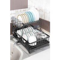Living and Home 2-Tier Dish Drainer Rack with Kitchen Utensil and Glass Holder in Black