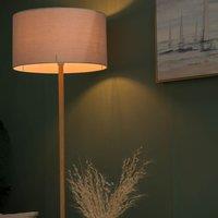 ValueLights Heather Light Wood Floor Lamp with Fabric Drum Shade & LED Bulb in Light Grey