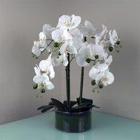 Leaf Artificial 50cm Orchid with Glass Planter White in Green