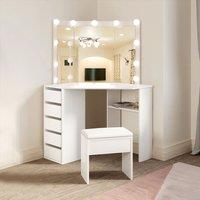 KOSY KOALA Corner Dressing Table with Mirror & Stool Makeup Vanity LED Mirror Lights Hollywood Table in White