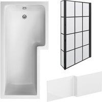 Balterley L Shape 1700x850 Shower Bath Set - Panel & Black Grid Return Screen RH in White