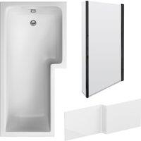 Balterley L Shape 1700x850 Shower Bath Set - Panel & Black Return Screen RH in White