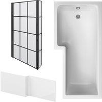 Balterley L Shape 1700x850 Shower Bath Set - Panel & Black Grid Return Screen LH in White