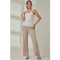 Jolie Moi Women's Ribbed Knit Wide Leg Trousers in Light Beige | Size: Medium/Large
