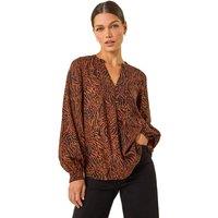Roman Women's Animal Print Buttoned Pinktuck Top in Orange | Size: 10