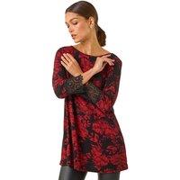 Roman Women's Floral Print Lace Trim Stretch Top in Red | Size: 10
