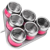 Orsina Durable Hot Pink Magnetic Spice Jars With Triangular Tray, Stylish Oblong Tray, Clear Plastic Lid Tray