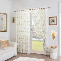 Luxury Living Leaf Embroidered Tulle Voile Curtains Ring Top in Green | Size: 147 cm width x 137 cm drop