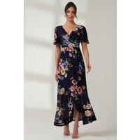 Jolie Moi Women's Frill Dip Hem Mesh Maxi Dress in Navy | Size: 12