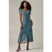 Jolie Moi Women's Geo Print Ruffle Hem Mesh Maxi Dress in Blue | Size: 20