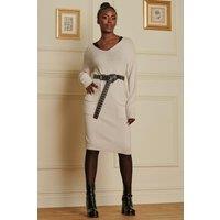 Jolie Moi Women's V Neck Knitted Jumper Dress in Stone | Size: Large/XL