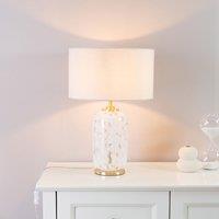 ValueLights India Fabric Drum Shade on Rounded White Confetti Glass Table Lamp in Nude