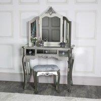 Melody Maison Ornate Mirrored 3 Drawer Dressing Table, Stool & Mirror Bedroom Furniture Set - Tiffany Range in Metallic Silver